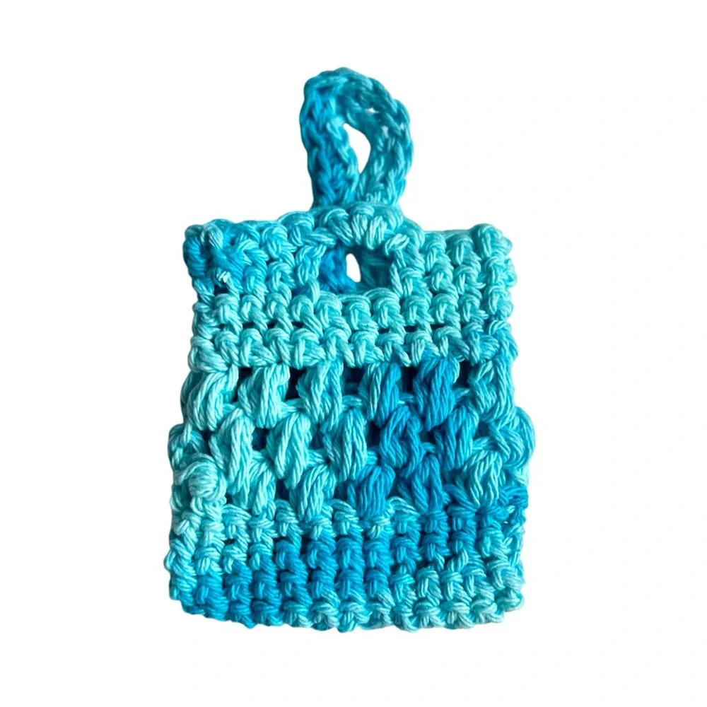HAND CRAFTED Crochet Soap Saver Bag Blue 100% Cotton Bath Exfoliating Essential